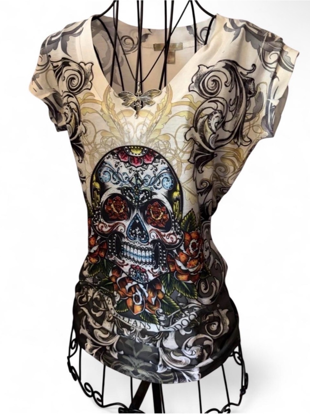 Y2K Women’s Skull Rhinestone V-Neck Tee Tattoo Style Size Medium